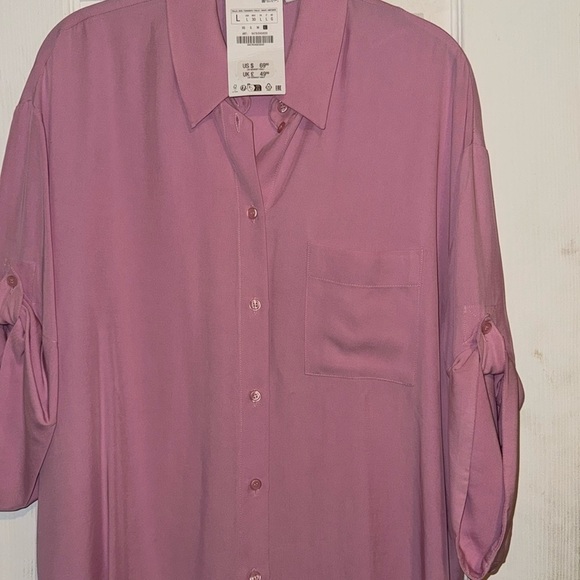 ZARA WOMEN FLOWY PINK POCKET SHIRT ROLLED UP SLEEVES SIZE L .NEW WITH TAGS - Picture 7 of 10